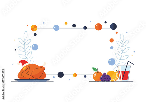 A festive holiday feast featuring a roasted turkey and fresh fruits