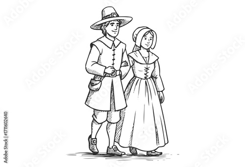 Pilgrim couple in traditional attire walking happily - stock vector