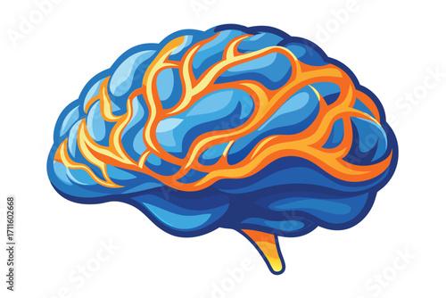 Creative illustration of a colorful brain design with vibrant blue and orange patterns representing neural connections