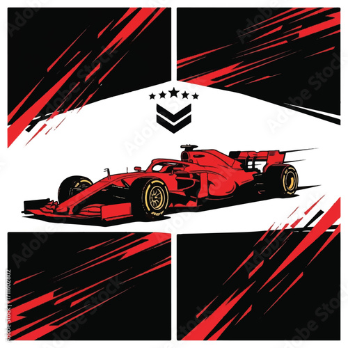 Red Formula 1 race car vector illustration with black and red grunge background.