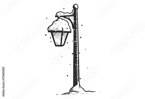 Vintage snow-covered street lamp drawing in winter scene - stock vector