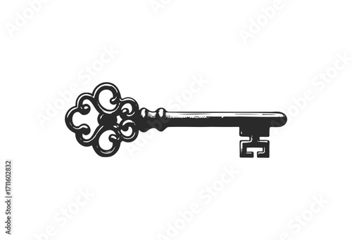 Vintage skeleton key illustration with ornate design - stock vector