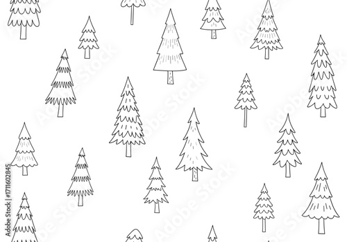 A simple repeating pattern of hand drawn fir trees.