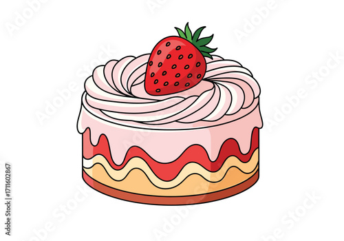Delicious layered cake with fresh strawberry topping and creamy frosting.