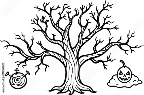 Spooky bare tree with halloween decorations and jack o lantern