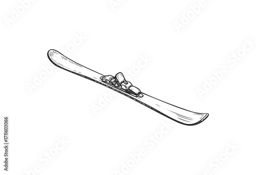 Monochrome hand-drawn ski with bindings illustration on white - stock vector