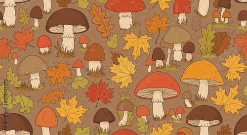 Vintage style pattern of various autumn mushrooms and colorful leaves.