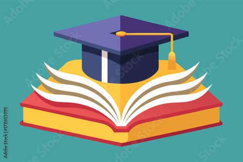 Graduation cap rests atop an open book symbolizing education and academic achievement