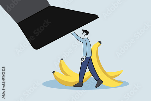 trust businessman hero protection from slippery banana peel.