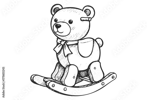 Sketch of classic teddy bear rocking horse toy with bow and wooden rockers - stock vector