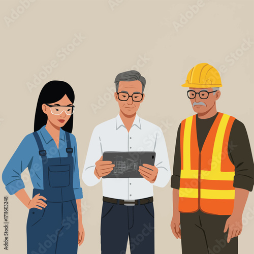 A diverse team of professionals, including an engineer, a skilled tradeswoman, and a construction worker, collaborating on a project with a digital tablet.