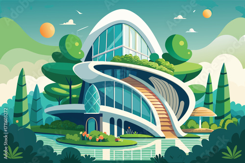 Modern architectural design of a unique house surrounded by lush greenery in a serene environment