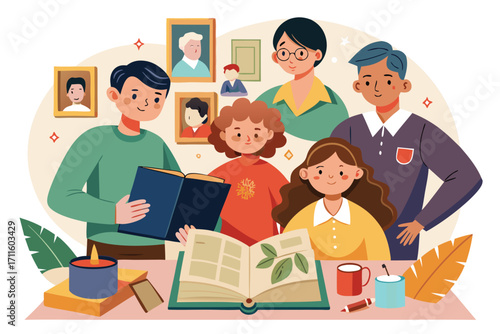 Family gathering and storytelling time featuring children and adults surrounded by memories in a cozy setting