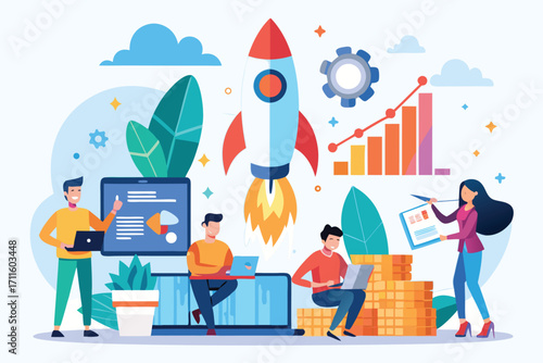Team collaboration sparks innovation with a rocket launch theme in a creative workspace