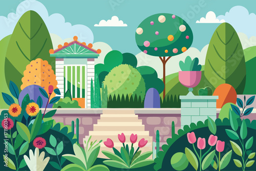 Colorful garden scene with trees, flowers, and a decorative building under a bright sky