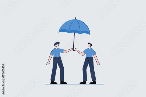 good businessman offers large umbrella to protect employee from harm.