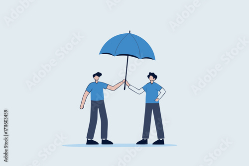 good businessman offers large umbrella to protect employee from harm.