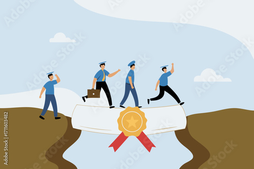 Education degree to help career growth, Businessman and woman use their education degrees as a bridge to overcome obstacles
