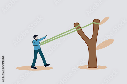 boost career development, The courageous entrepreneur stretches the rubber band in preparation to shoot the slingshot into the air