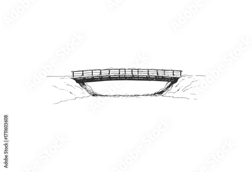 Hand-drawn wooden bridge over stream in minimalist style - stock vector