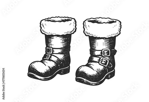 Vintage winter boots with fur and buckle design illustration - stock vector