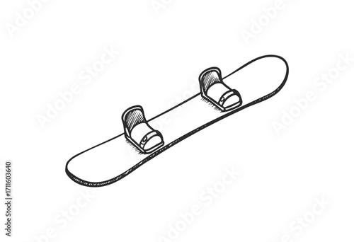 Simple black and white sketch of a snowboard with bindings in minimalist style - stock vector