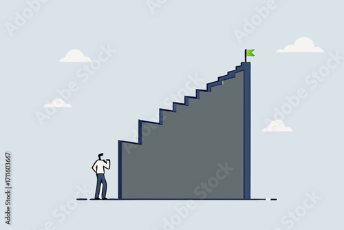 First step is hardest, depressed businessman looking at the first step of high success stairway.