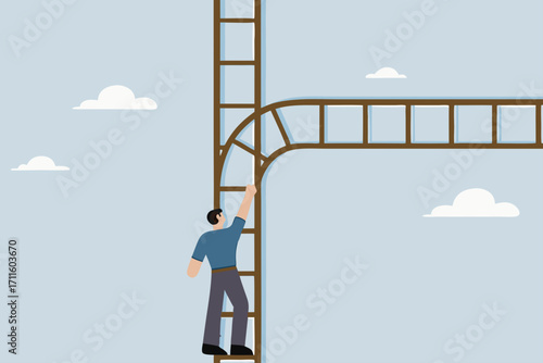 Career crossroad to make decision, businessman climb ladder of success to find crossroads of destiny