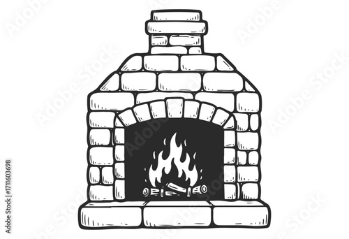 Hand-drawn stone fireplace with burning logs and flames - stock vector