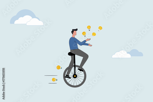 Creativity and ideas, astute entrepreneur balancing on unicycle tossing light bulb lamp imagery numerous concepts.