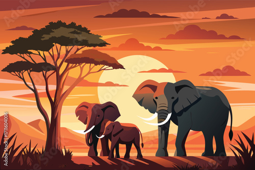Elephants standing together under a sunset in a vibrant landscape with a large tree