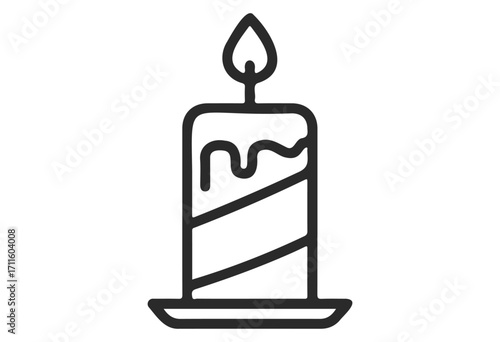 Simple black and white birthday candle icon with flame on plate - stock vector