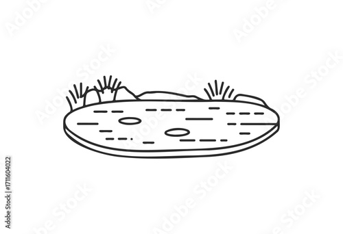 Illustration of a calm pond with reeds and rocks outline - stock vector