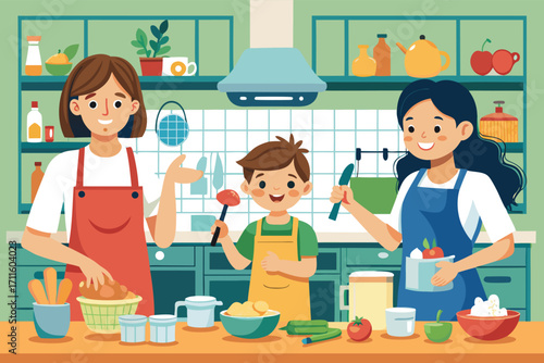 Family cooks together in a bright kitchen preparing healthy meals with fresh ingredients