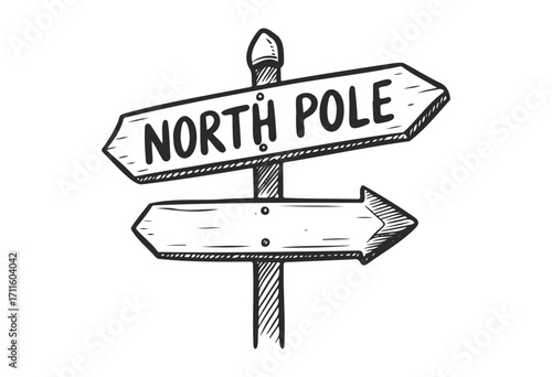 Hand-drawn north pole wooden signpost illustration with directional arrows - stock vector