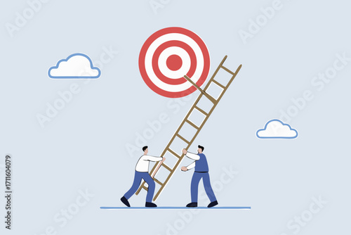 team of businessman helps to create ladder of success to reach the goal.