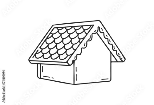 Outline of a simple cottage with gabled roof and scallop shingles - stock vector