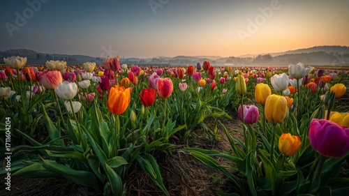 Vibrant tulip field at sunset with warm tones. AI image
