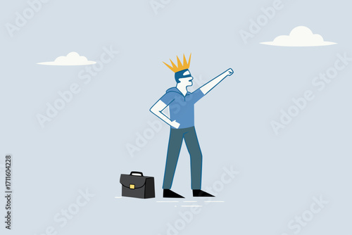 Success businessman king proud of his achievement, joyful entrepreneur with regal crown gesturing towards the heavens
