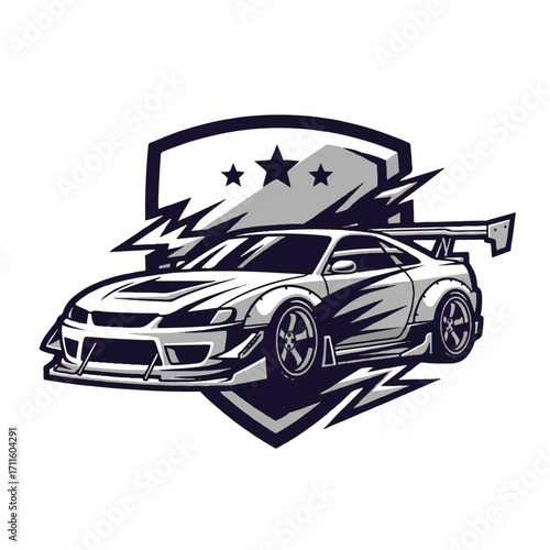 A stylized illustration of a sleek, modified sports car with a large rear spoiler, set against a shield emblem with stars and lightning bolts.