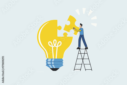 Solve business problem with creativity, Businessman put together final jigsaw piece to finish puzzle of idea for lightbulb