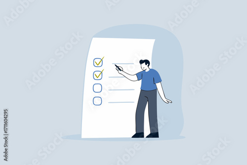 Completed checklist, Businessman is using a pen to review the project list and tick off the checkbox labeled as completed