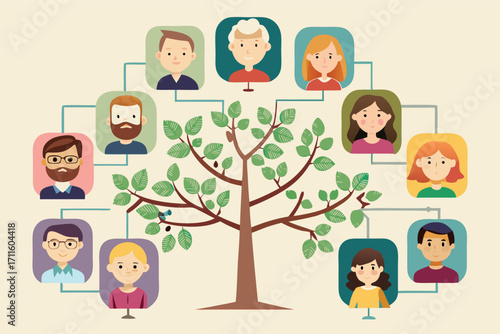 Family tree illustration showing relationships among multiple generations with colorful portraits and leaves