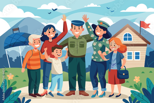 Family gathering in a scenic outdoor location with a friendly soldier and kids celebrating together
