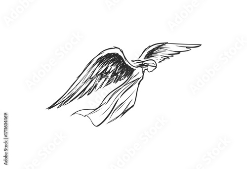Elegant angel sketch with flowing wings - stock vector