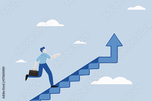 businessman climbs ladder of success with arrow.
