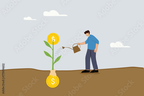 Monetize idea, businessman watering of growing money coun plants from bulb idea