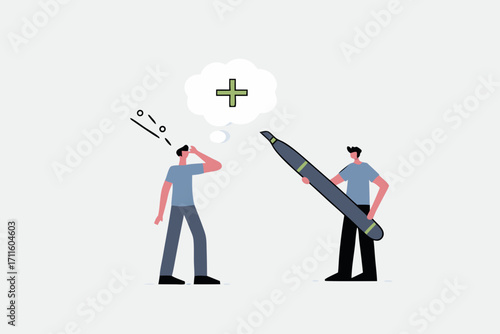 Think positive mindset, business manager with a pencil to draw positive sign on employee negative thought