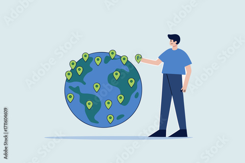 businessman CEO put new branch pin on world map across globe.
