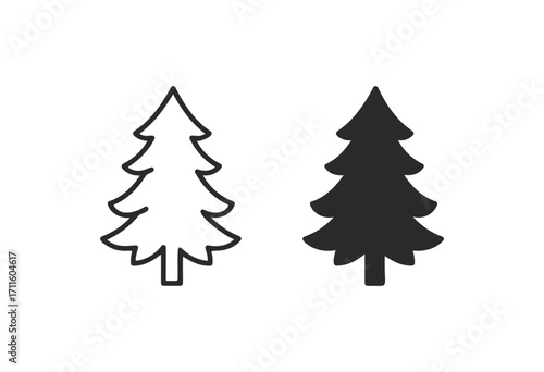 Black and white evergreen tree icons: outline and solid style illustrations - stock vector